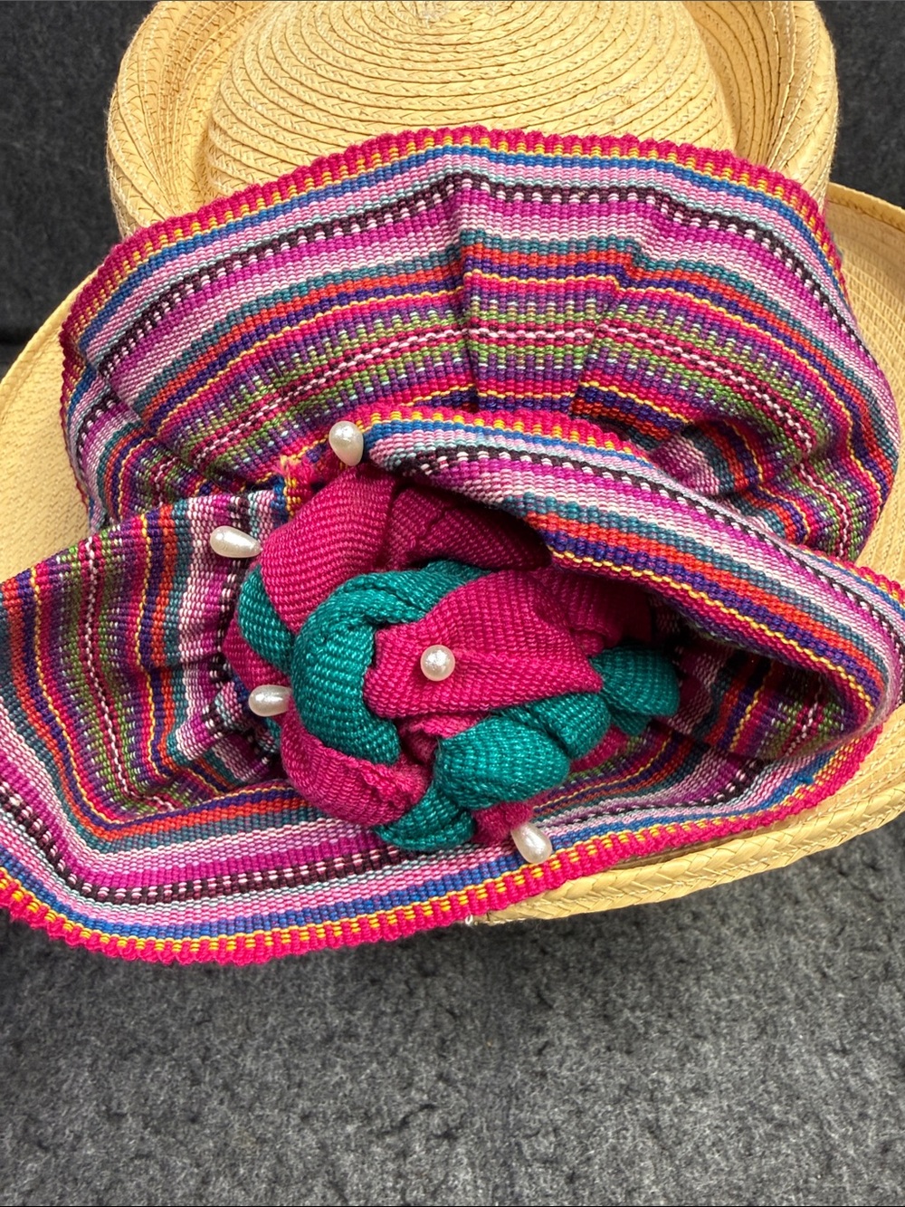 Maya Quiche Indian Straw Boater Hat with Pink & Teal Braided Band - Picture 6 of 6